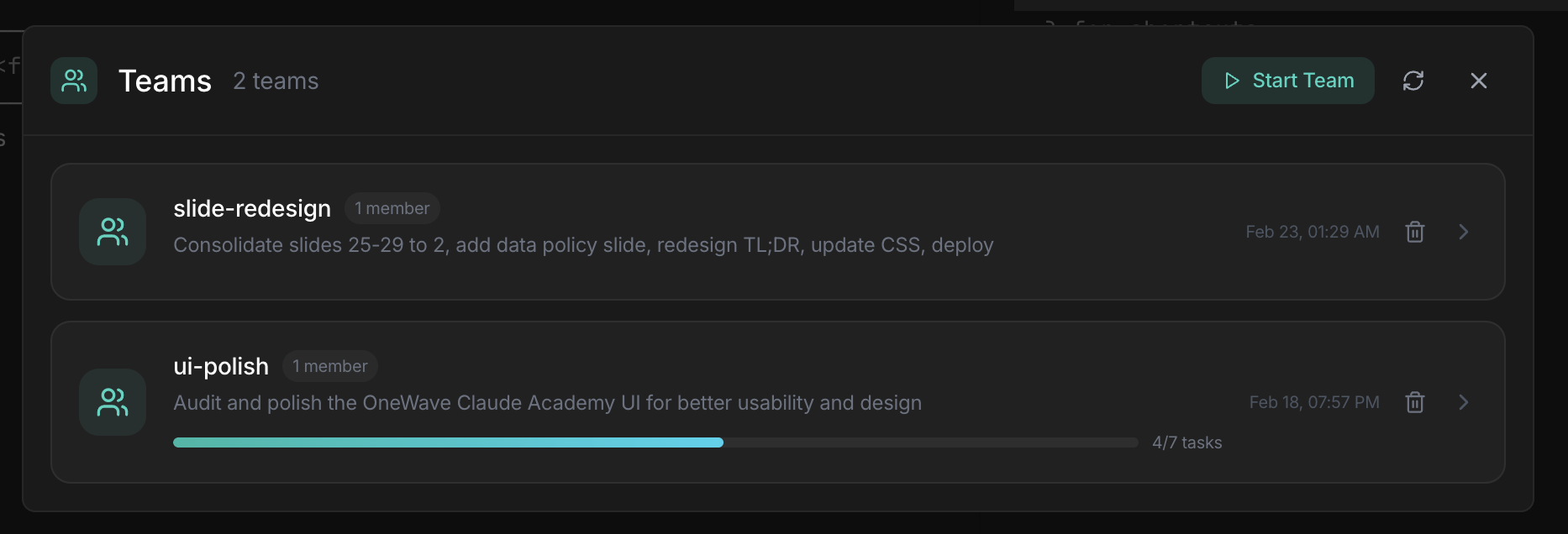 Teams monitor with task progress
