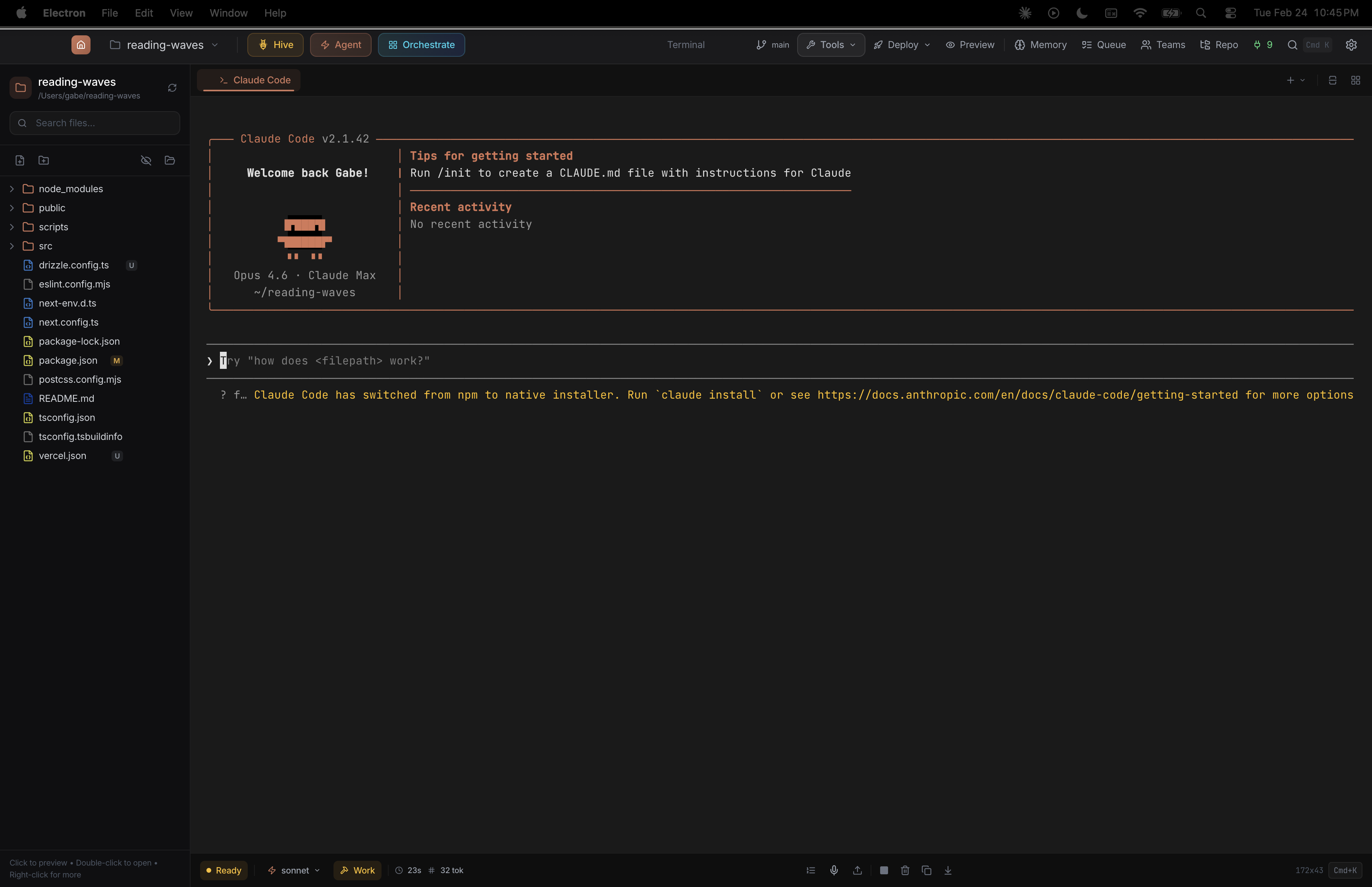 Terminal with Claude Code, file explorer, and status bar
